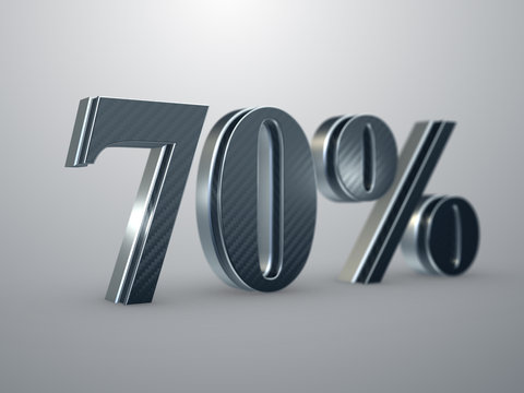 70 percent off discount sign - realistic extruded metallic text 3D rendered with depth of field