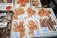 A Traditional Fresh Fish Market Stall In Tokyo. Fresh And Cooked Prawns On Ice, With Handwritten Price Signs.