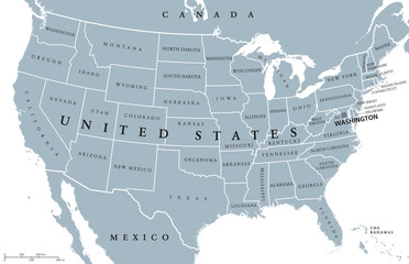 usa united states of america political map with capital washington, single states, neighbor countrie