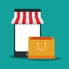 Smartphone and bag icon. Shopping online ecommerce media and market theme. Isolated design. Vector illustration