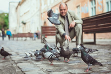 Man Feeding Pigeons In The Old Town