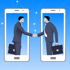 Wall Mural - Internet deal business concept. Confident businessmen from smart phone shakes hand of another businessman that comes from another smart phone. Business in web or cloud, partnership, agreement.