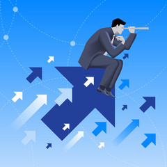 Wall Mural - Searching the opportunities business concept. Confident businessman sitting on arrow flying up and watching in looking glass. Search for opportunity, contacts, new fields, development.