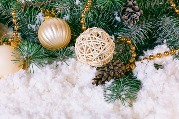 Composition with Christmas decorations fir tree on white backgro