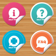Poster - round stickers or website banners. help point icons. question and information symbols. faq speech bu