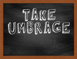 TAKE UMBRAGE handwritten text on black chalkboard