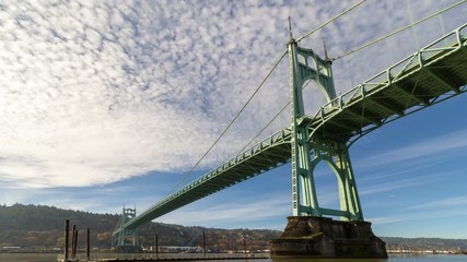 Wall Mural - Ultra high definition 4k time lapse movie of moving white clouds and blue sky over St. Johns bridge across Willamette River in Portland Oregon 4096x2304 uhd