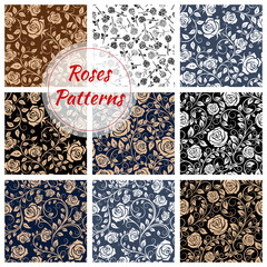 Poster - Rose flower seamless patterns set