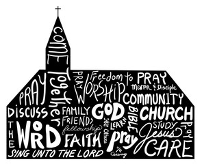 church shape with word cloud design, white hand written text on black church background with steeple