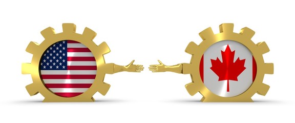 Wall Mural - Web Banner, Header Layout Template. Politic and economic relationship between USA and Canada. National flags on golden cog wheels. 3D rendering