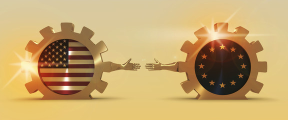 Wall Mural - Web Banner, Header Layout Template. Politic and economic relationship between USA and European Union. National flags on golden cog wheels. 3D rendering