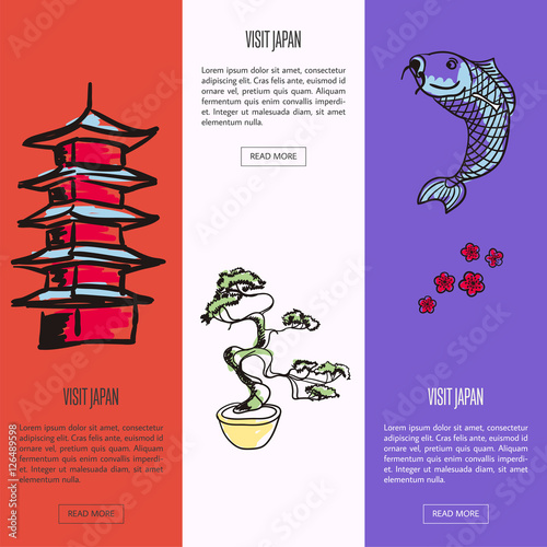 Visit Japan Vertical Web Banners Koi Fish Sakura Cherry Flowers