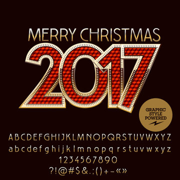 Vector red and golden Merry Christmas 2017 greeting card with set of letters, symbols and numbers. File contains graphic styles