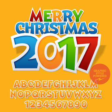 Vector colorful sticker Merry Christmas 2017 greeting card with set of letters, symbols and numbers. File contains graphic styles