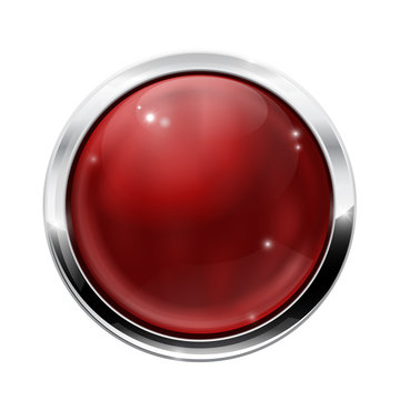 Round glass button. Dark red web icon with chrome frame
