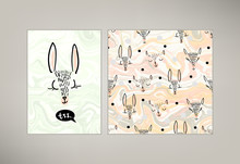 Cute Kids Sleeping And Smiling Animals Vector Pattern Tile. Hand Drawn Deer's, Bear, Rabbit Heads With Black White Dots On Solid Pink Background. Trendy Graphic Pajama Textures Set. Marble Effect.