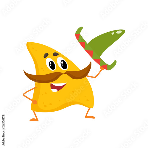 Fotografía Smiling nachos with thick moustache and Mexican sombrero, cartoon vector illustration isolated on white background