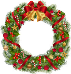 christmas wreath with fir branches and decorative elements.