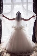 Wall Mural - gorgeous happy luxury stylish brunette bride near a window on the background of vintage room