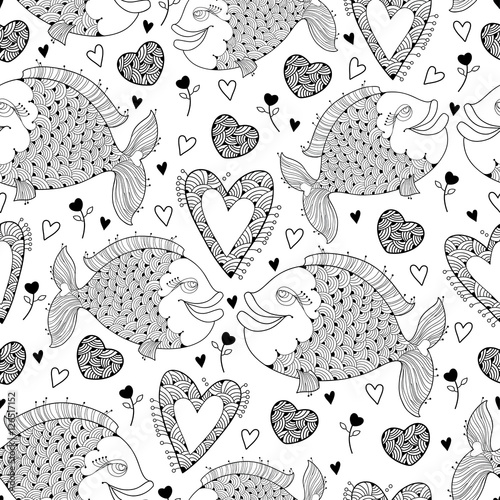 Cotton fabric Vector seamless pattern with fish and ornate heart on the white. Design elements and holiday symbols in contour style for Valentine day and coloring book. Romantic background with cute fishes in love.