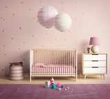 Modern nursery room with pink and violet accents