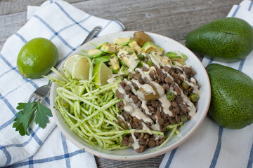 Canvas Print - Green raw vegan zucchini pasta with lentils, pesto, tahini, avocado, olives and oil. Delicious food detox every day.