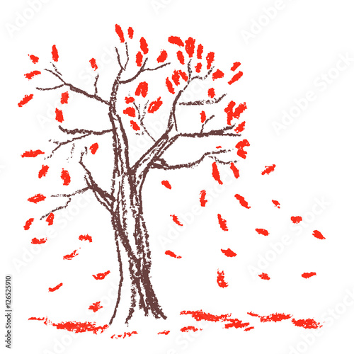 Wax Crayon Hand Drawn Autumn Tree With Red Leaves Hand Painted Leaves Fall With Wind On White Vector Nature Background Buy This Stock Vector And Explore Similar Vectors At Adobe Stock