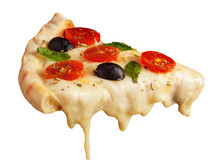 Hot Pizza Slice With Melting Cheese Isolated On White