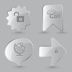 Sticker - 4 images: opened lock, hotline, globe and gears, bank. Business