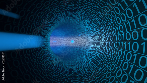 Zdjęcie XXL POV lot przez abstrakcyjny niebieski tunel wykonany zerami i jedynek. Tło hi-tech. Komunikacja, binarny transfer danych, koncepcje technologii cyfrowych. Renderowania 3D