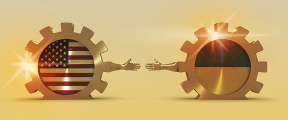 Wall Mural - Web Banner, Header Layout Template. Politic and economic relationship between USA and Ukraine. National flags on golden cog wheels. 3D rendering