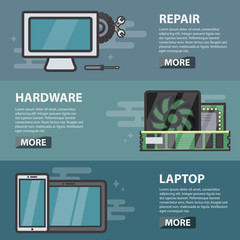 Vector line flat design horizontal banners of repair, hardware and laptop for websites. Business concept of computer market and electronics. Set of computer and technology elements.