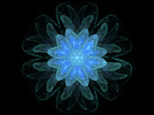 Digital Abstract Fractal Green Flower With Blue Center On A Black Background