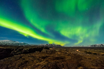 Wall Mural - aurora borealis over the thingvellir national park - iceland