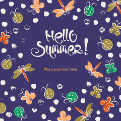 Wall Mural - Abstract insects vector summer frame. Hello summer lettering. Grunge nature illustration