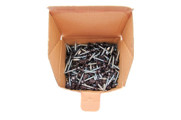 Cardboard box with metal screws, isolated on a white background.