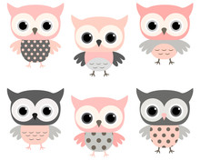 Cute Pink And Grey Stylized Owls Vector Set For Kids Designs