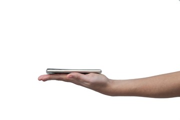 Hand holding mobile phone against white background