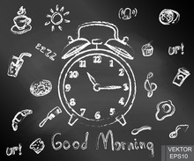 Contour. Chalk Board. Alarm Clock. Cup Of Coffee. Morning. Time. For Your Design.