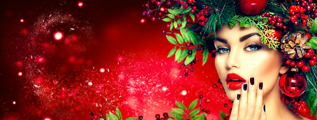 Poster - Christmas fashion model woman. Holiday hairstyle and makeup