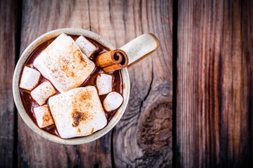 Wall Mural - hot chocolate with marshmallows and cinnamon in mug