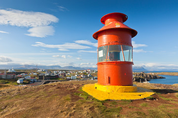 Poster - Red Lighthouse above Stykkisholmur, Iceland