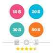© blankstock - Money in Dollars icons. 10, 20, 30 and 50 USD symbols. Money signs Calendar, cogwheel and report linear icons. Star vote ranking. Vector