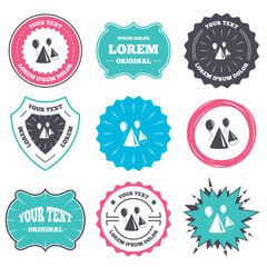 Sticker - Label and badge templates. Party hat sign icon. Birthday celebration symbol. Air balloon with rope. Retro style banners, emblems. Vector