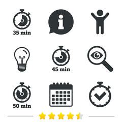 Poster - Timer icons. 35, 45 and 50 minutes stopwatch symbols. Check or Tick mark. Information, light bulb and calendar icons. Investigate magnifier. Vector