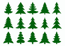 Set Of Green Fir-tree And Pines Silhouettes Isolated On White Background. New Year, Christmas Tree Modern Icons.