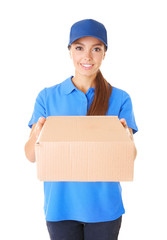 Wall Mural - Delivery woman in uniform with parcel on white background