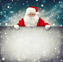 Santa Claus Holding Blank Advertisement Banner Background With Copy Space For Text