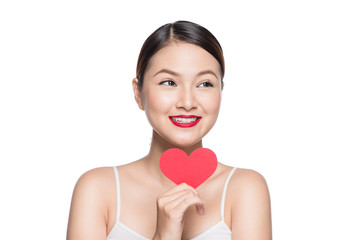 Sticker - Cute attractive young woman with red heart. Valentine's day art