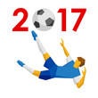 © mmelnikoff - New Year 2017 concept - digits with soccer ball instead zero. With footballer in jump. Holiday sign for football greeting card, poster or calendar. Flat style vector clip art on white background.